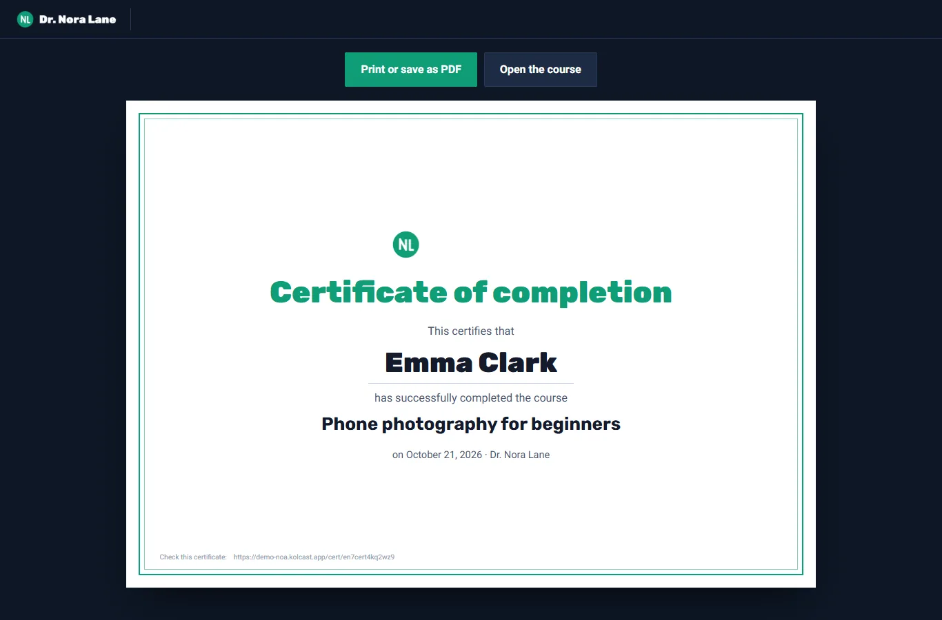 Certificate of completion