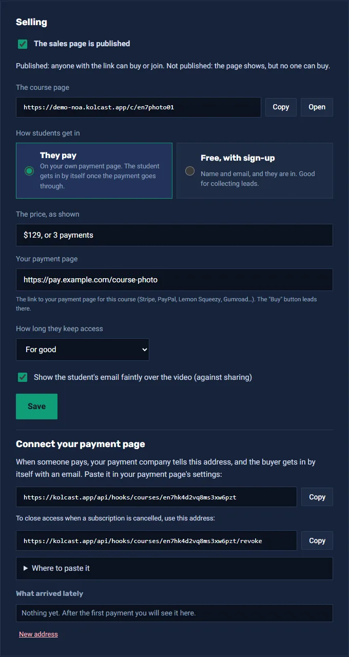 The "Selling" card