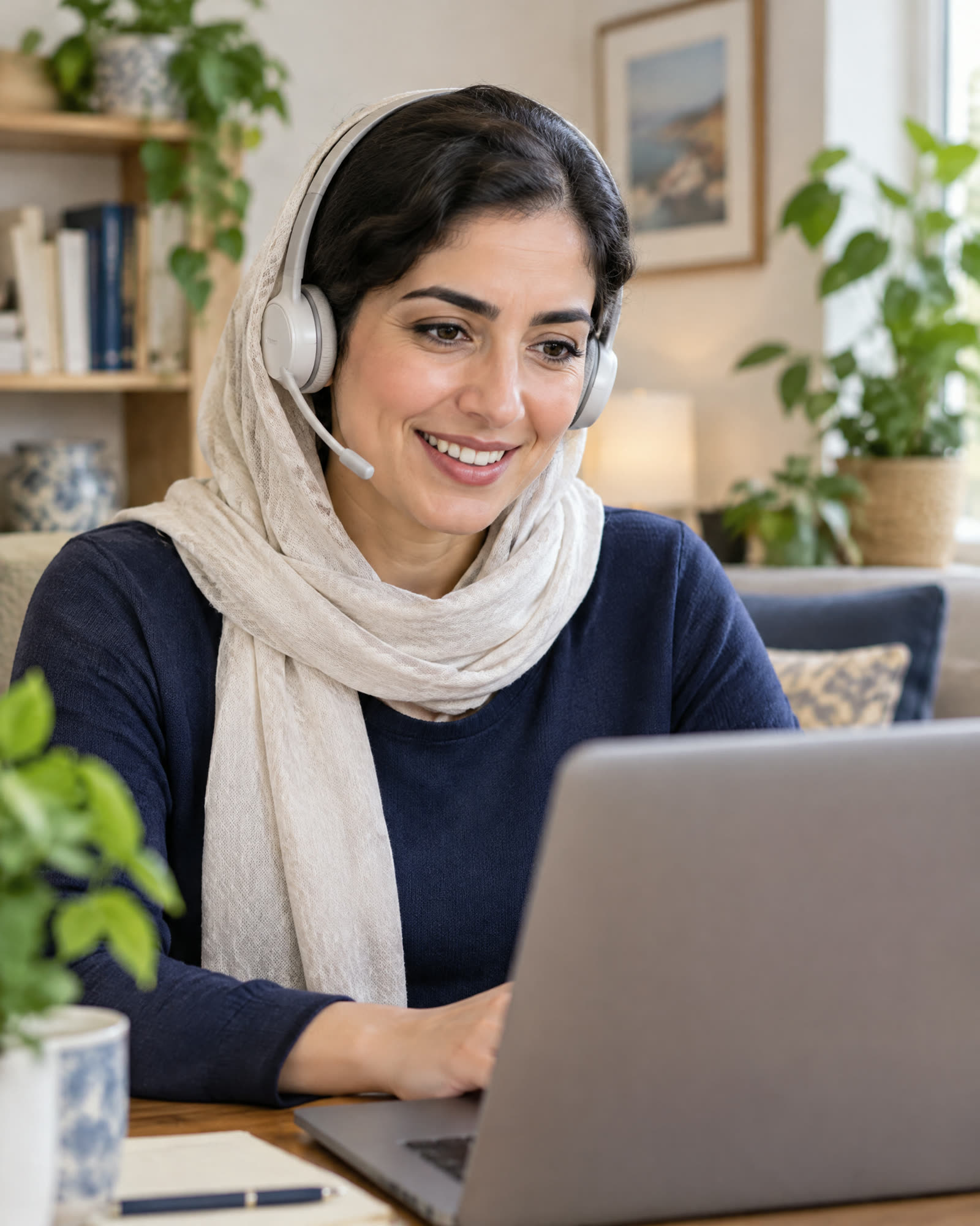 A friendly support person with a headset