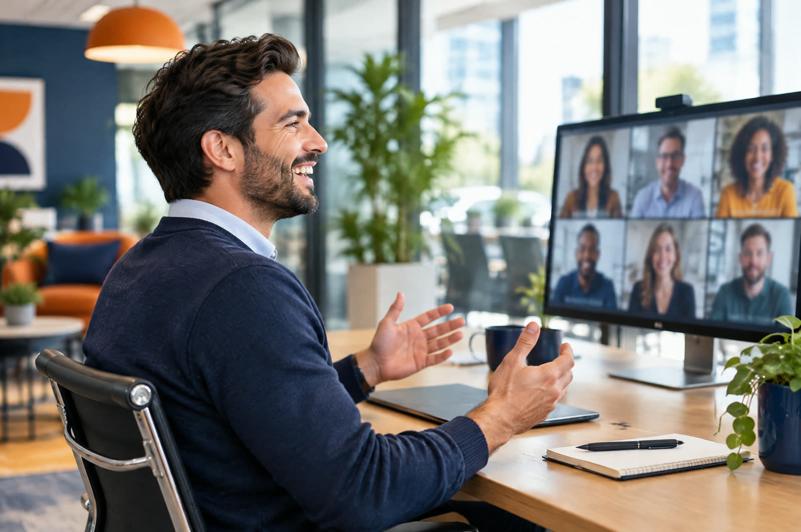A video meeting with a team on a large screen