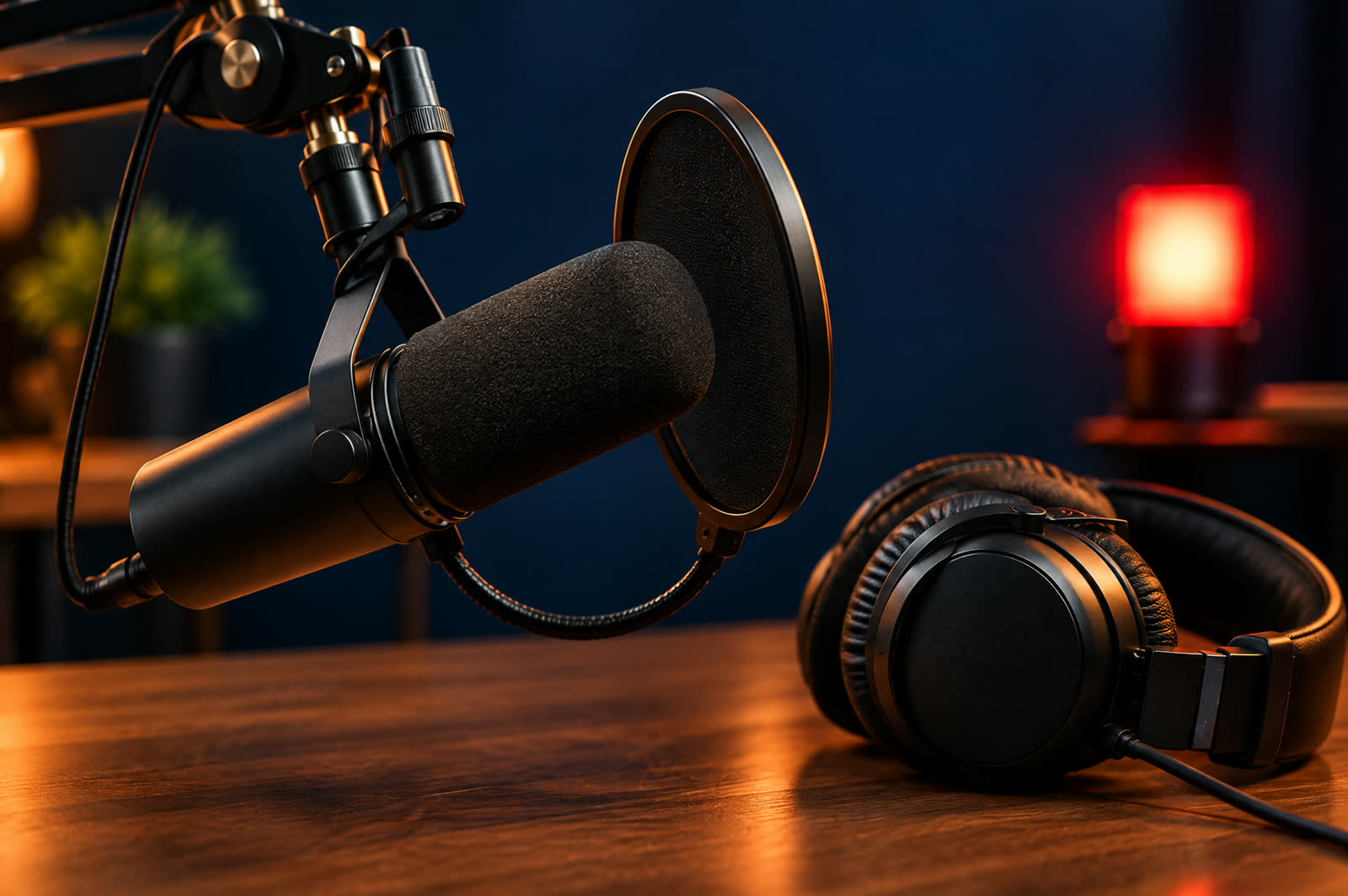 A podcast microphone and headphones in a home studio