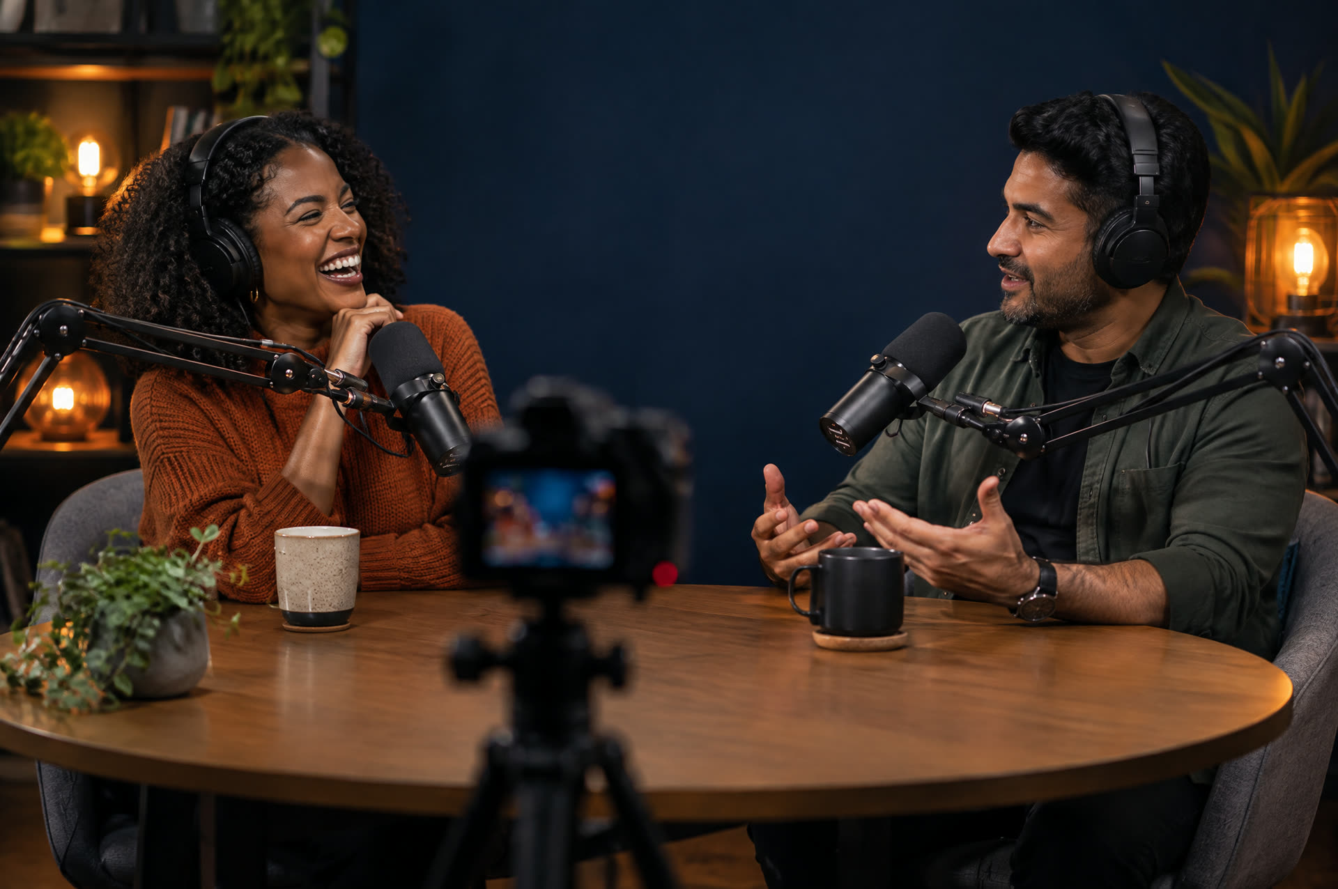 Two podcast hosts recording an episode together