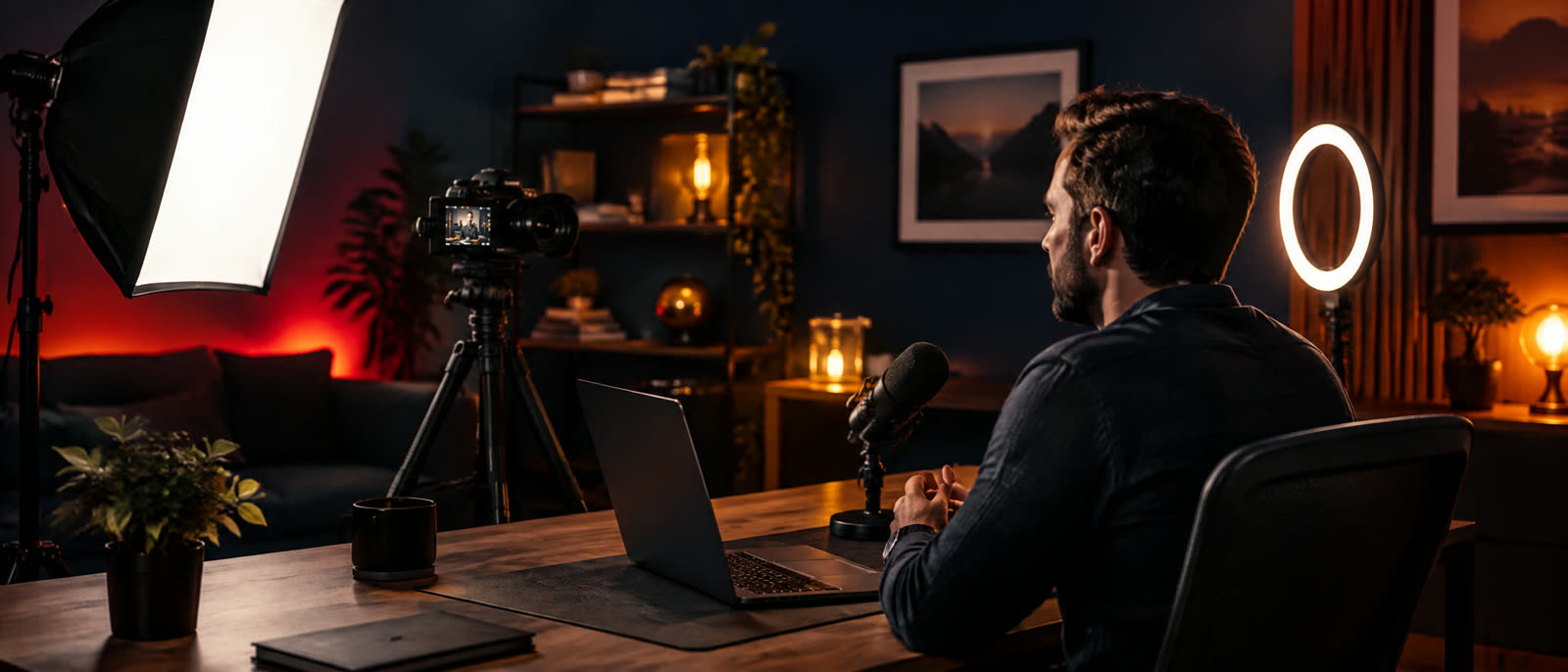 A presenter getting ready to host a webinar from a small studio
