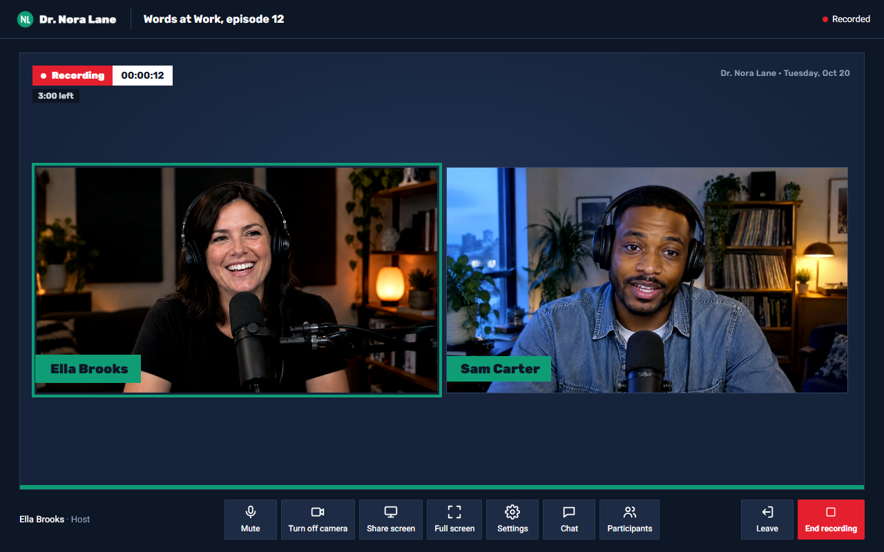 The Kolcast podcast studio, with two speakers recording