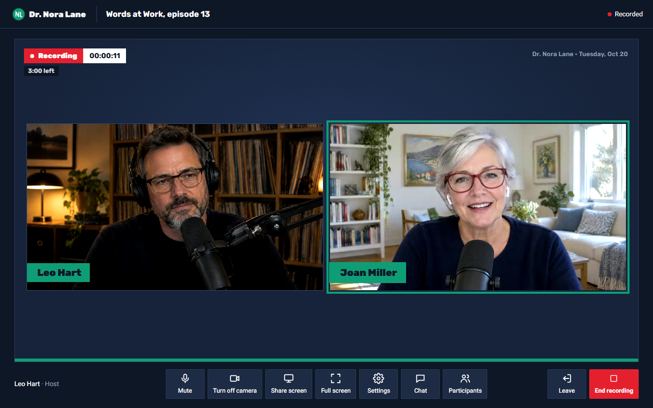 Two speakers in the Kolcast podcast studio