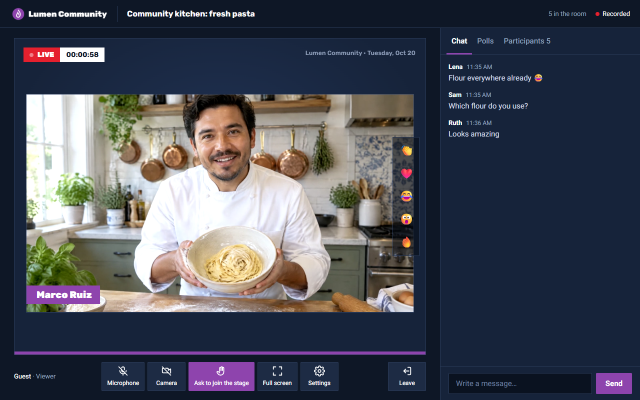A live cooking webinar with chat, in the organiser’s brand